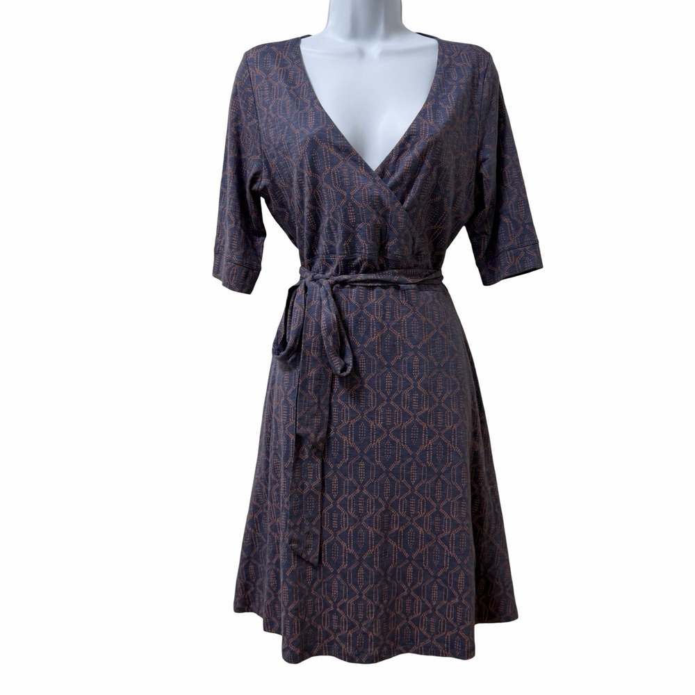 Toad & Co Cue Organic Cotton Wrap Mini Dress Size S Blue Abstract Stretch Casual